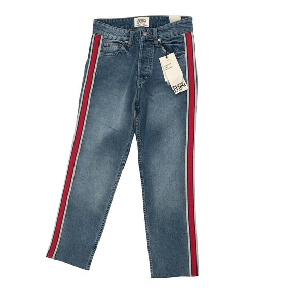 ZARA Authentic Denim TRF Light Wash Side Stripe Straight Cropped Jeans 2 - Picture 1 of 9